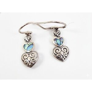 925 Sterling Silver Vintage Abalone Inlaid Heart Drop Earrings Marked